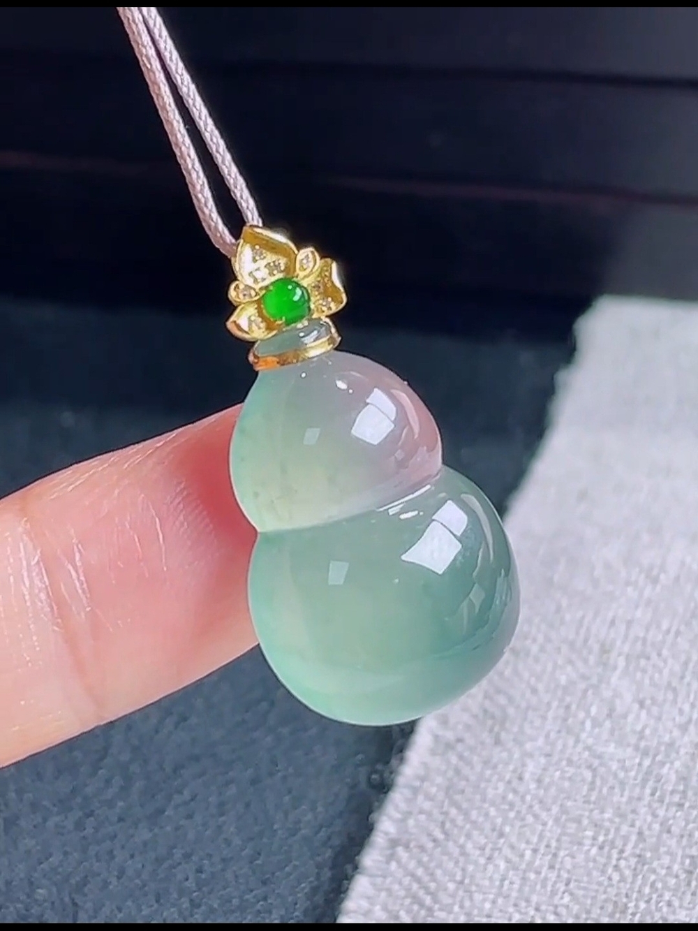 18k Gold Bail, Certified High Ice Untreated Authentic Burmese Jade Gourd Pendant